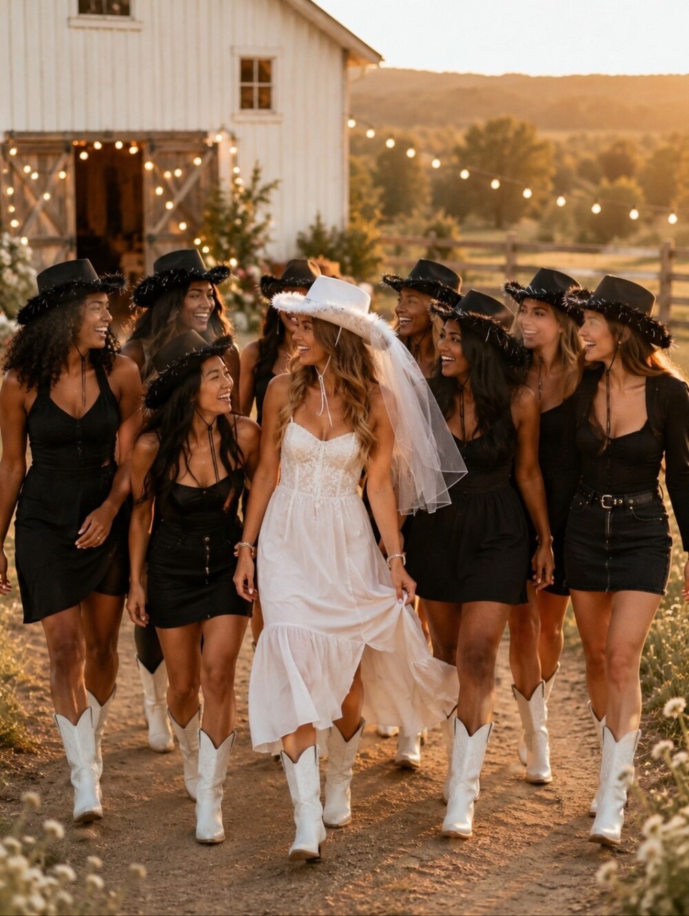 Bachelorette Cowboy Hat Set Bride Veil 9 Pc Last Rodeo Bridal Party Hats